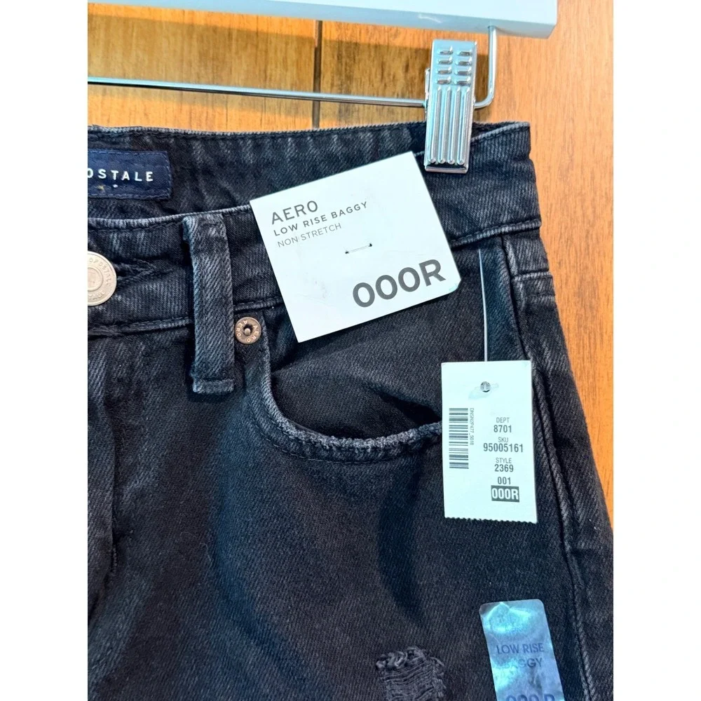 Aeropostale Low Rise‎ Baggy Distressed Jeans Size 000R Black Non Stretch Denim